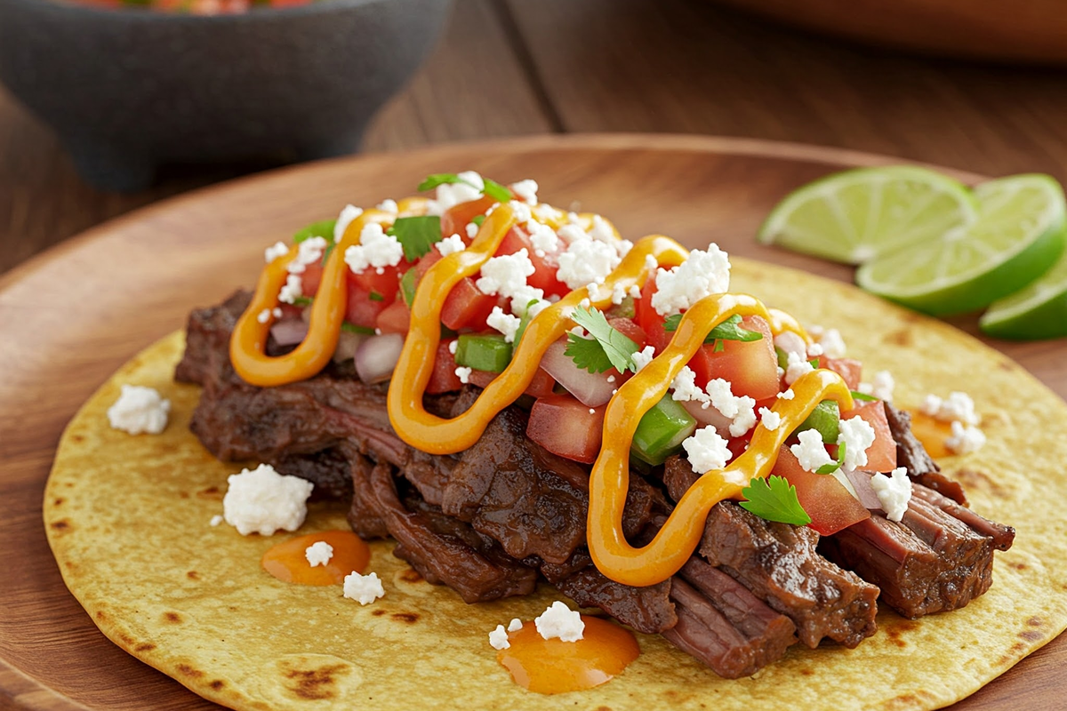 Texas brisket taco with pico de gallo and queso fresco