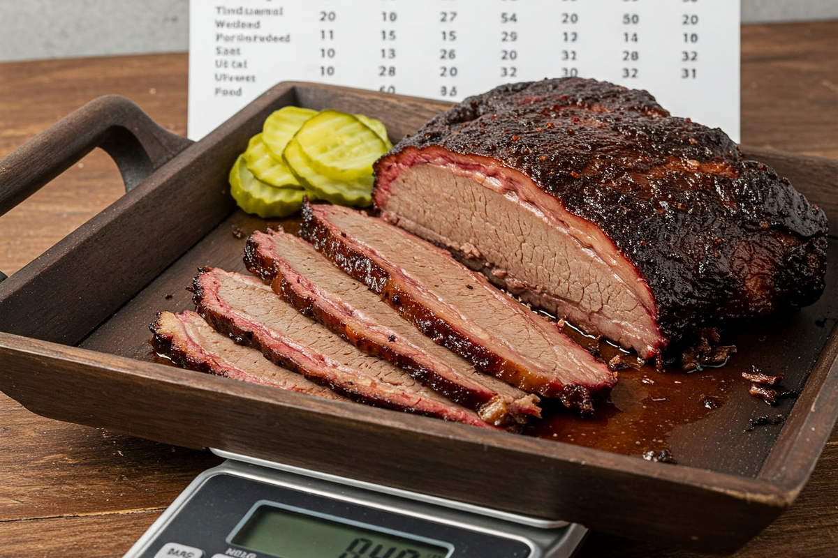  Sliced brisket with serving size portions displayed.