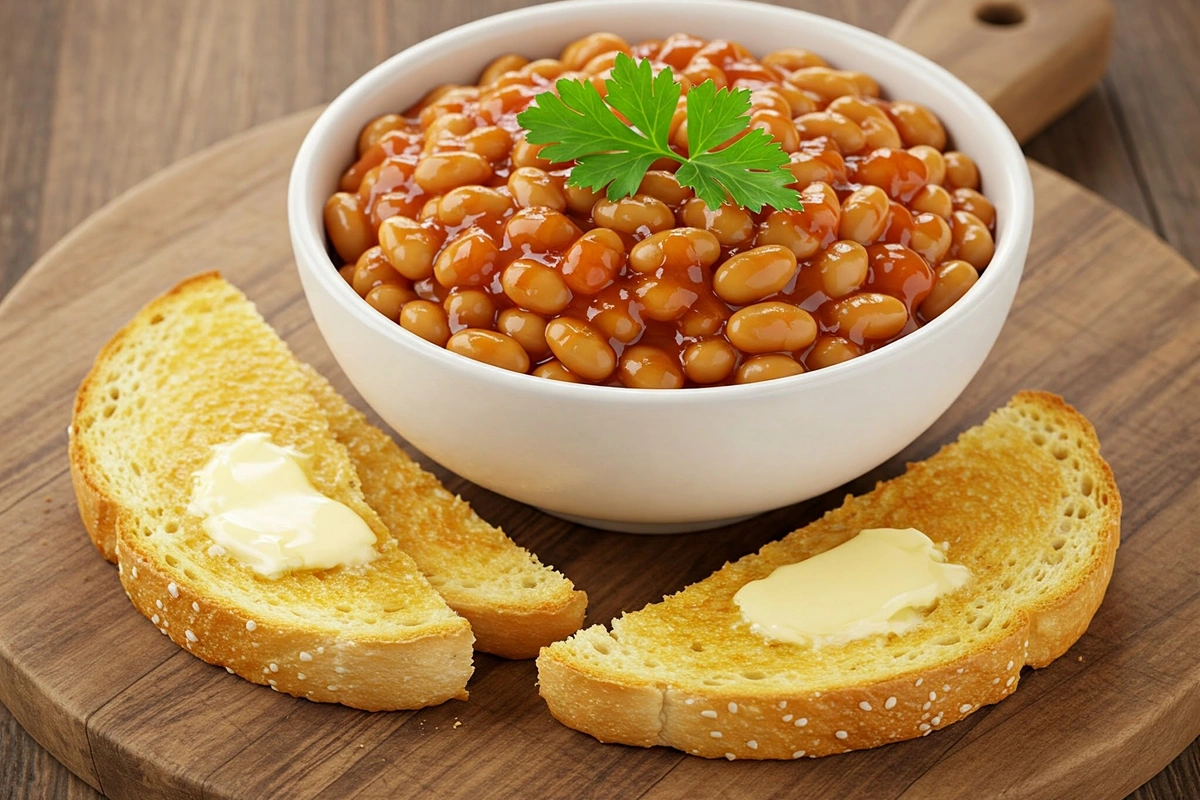 Bowl of steaming baked beans with parsley and toast