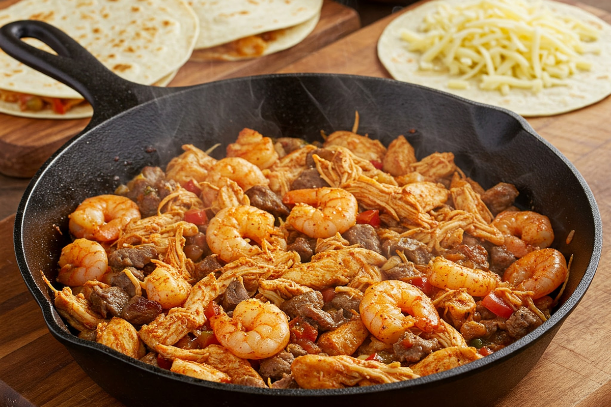  Seasoned chicken, beef, and shrimp cooking for quesadillas.