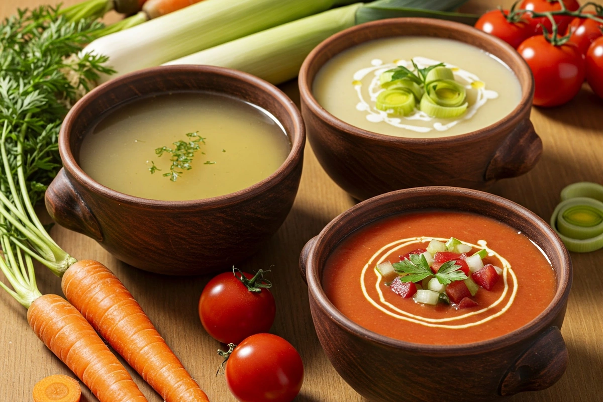 Three bowls of clear, thick, and specialty soups