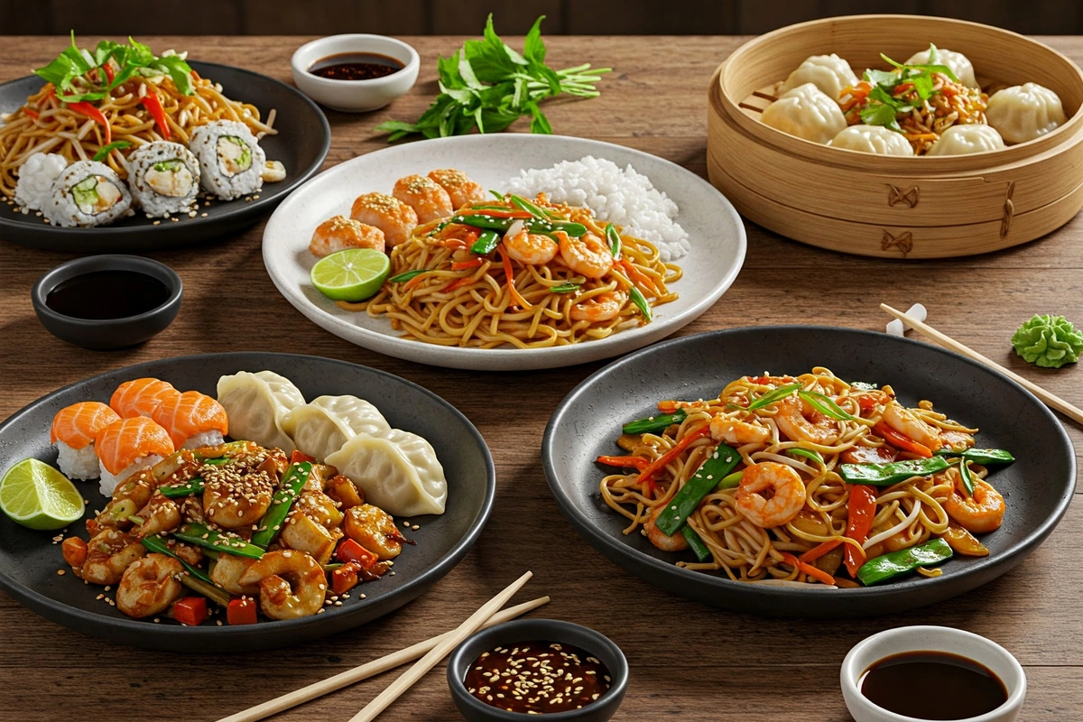 Variety of iconic Asian recipes including sushi, pad Thai, ramen, and dumplings.