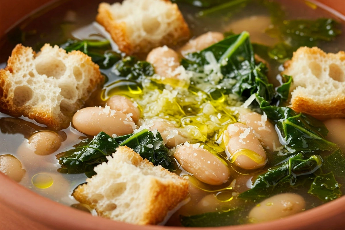 Traditional Italian Ribollita soup with bread, beans, and kale