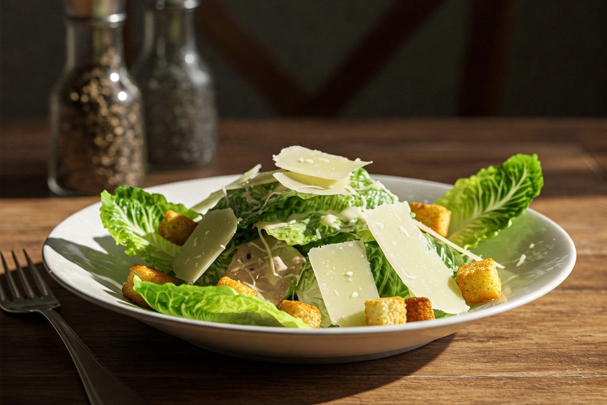 Caesar salad with romaine lettuce, parmesan, and croutons