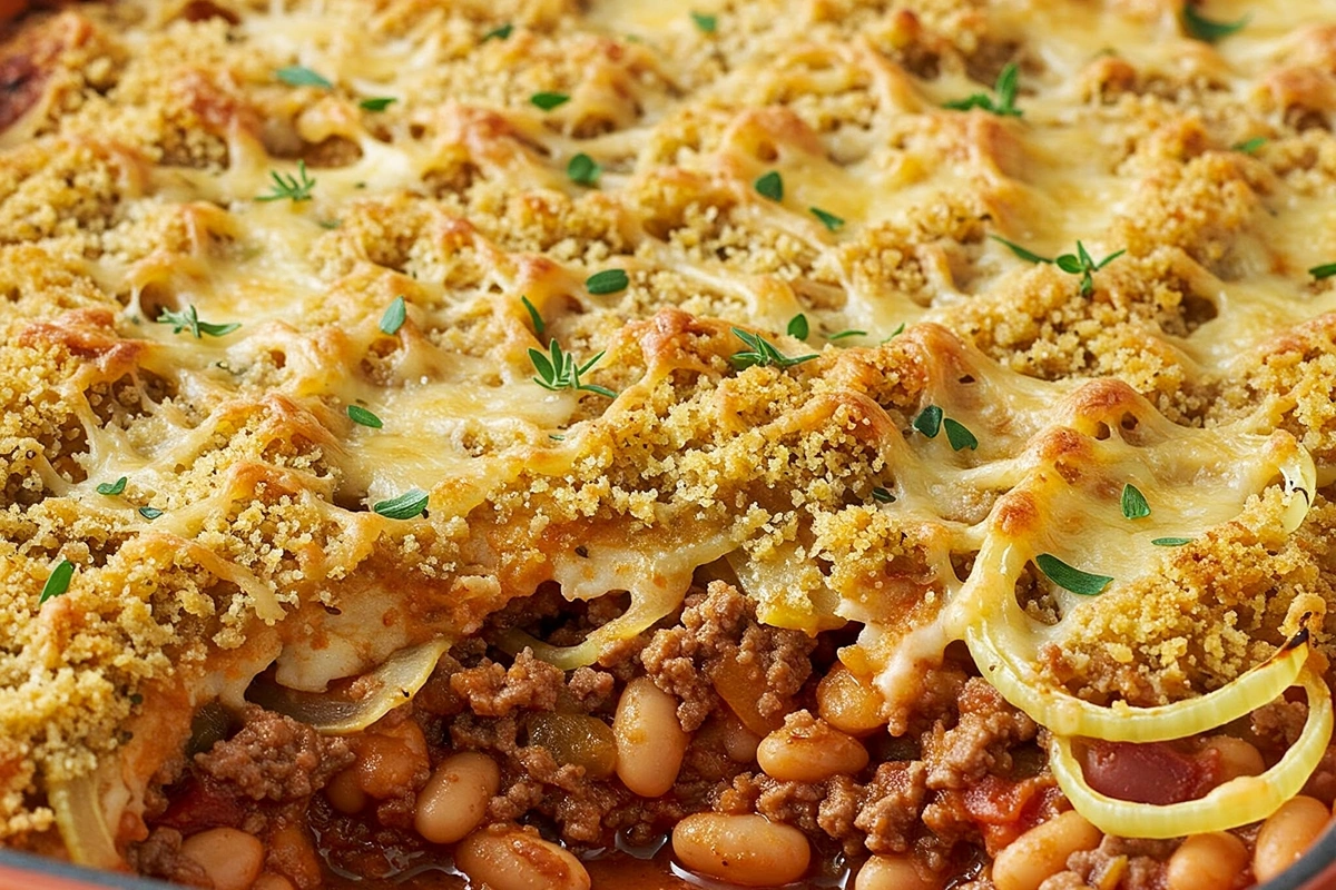 Baked bean casserole with melted cheese and breadcrumbs