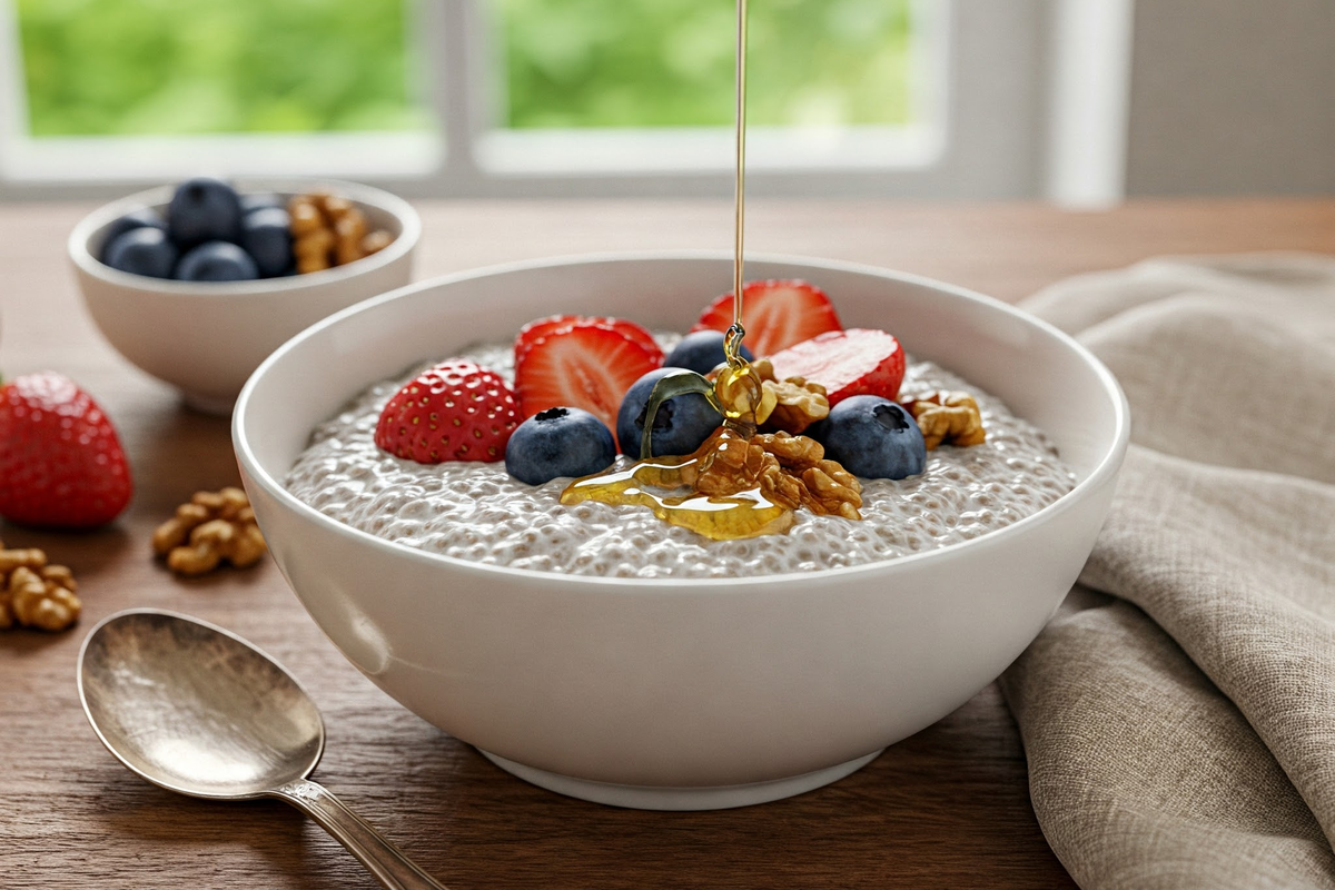 Chia pudding with berries and nuts in a rustic bowl.