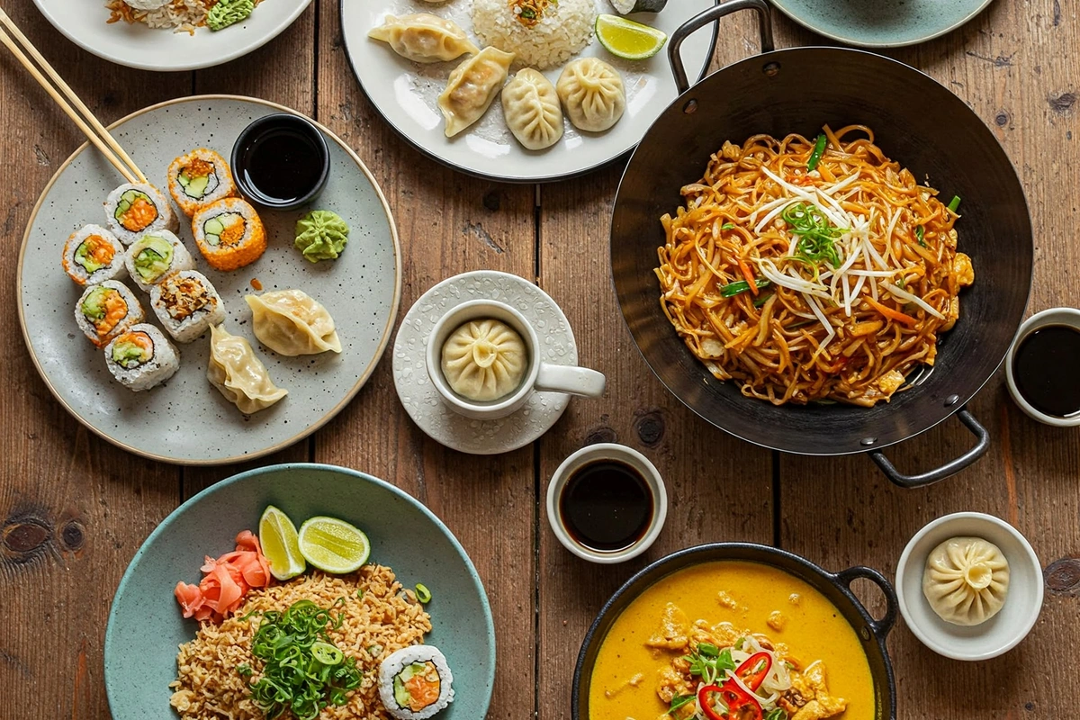 A variety of popular Asian dishes including sushi, pad Thai, dumplings, and curry