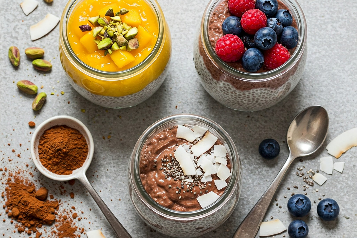  Various chia pudding flavors with toppings in glass jars.