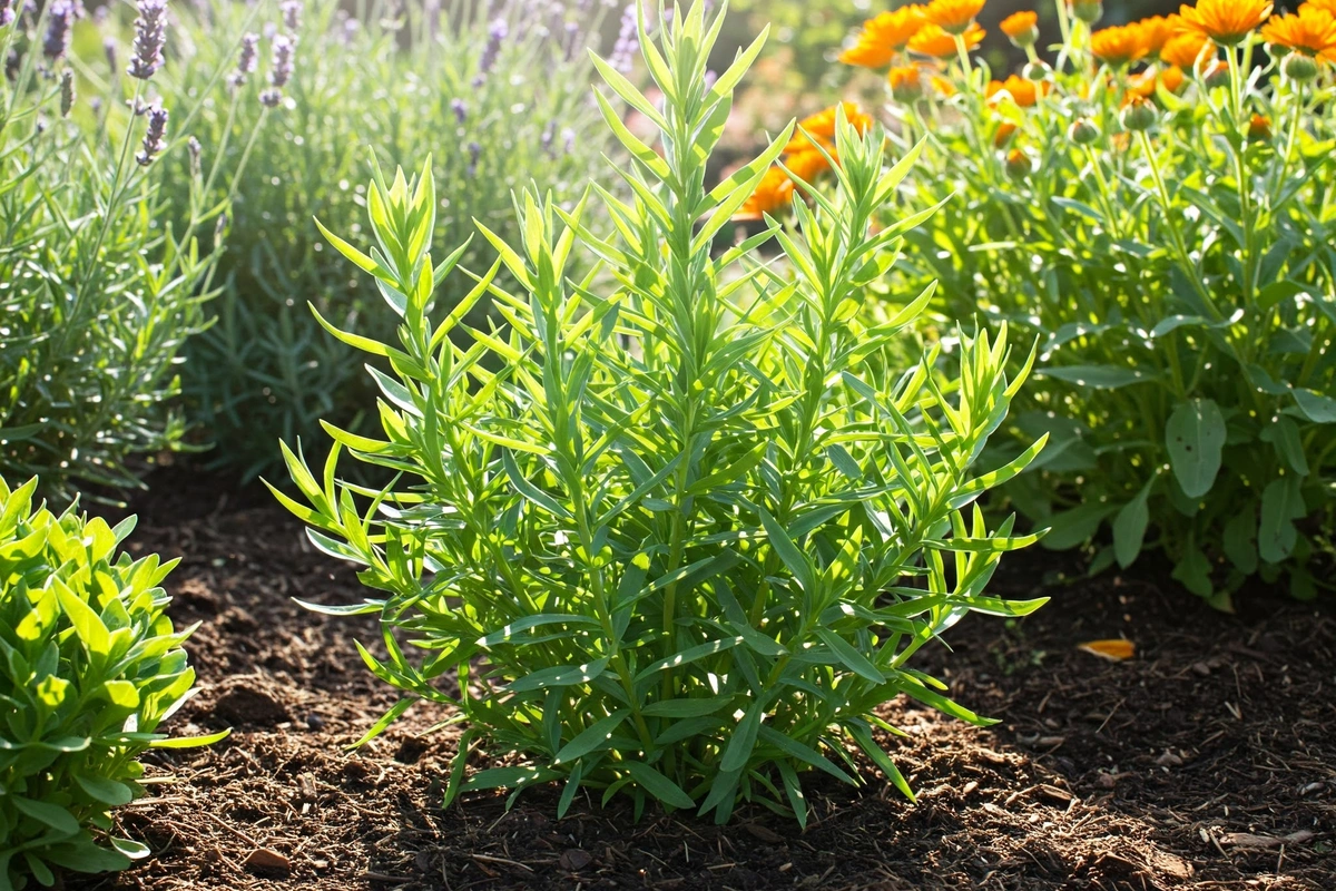 Healthy tarragon plant thriving in a sunlit herb garden