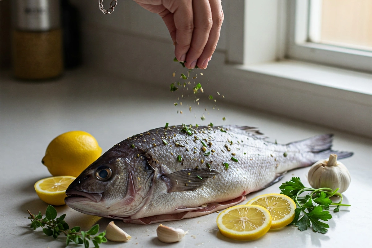 Preparing branzino with lemon and herbs