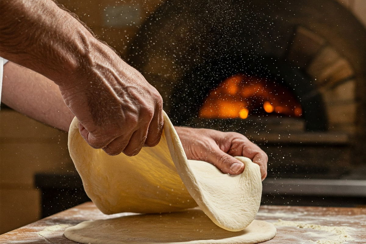 Hands stretching Neapolitan pizza dough on a wooden surface.