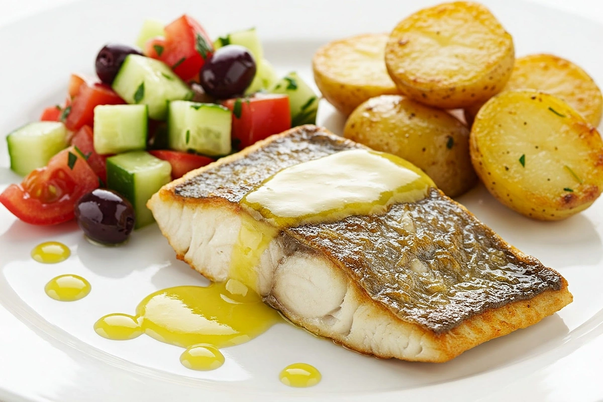 Roasted branzino served with ladolemono sauce and sides