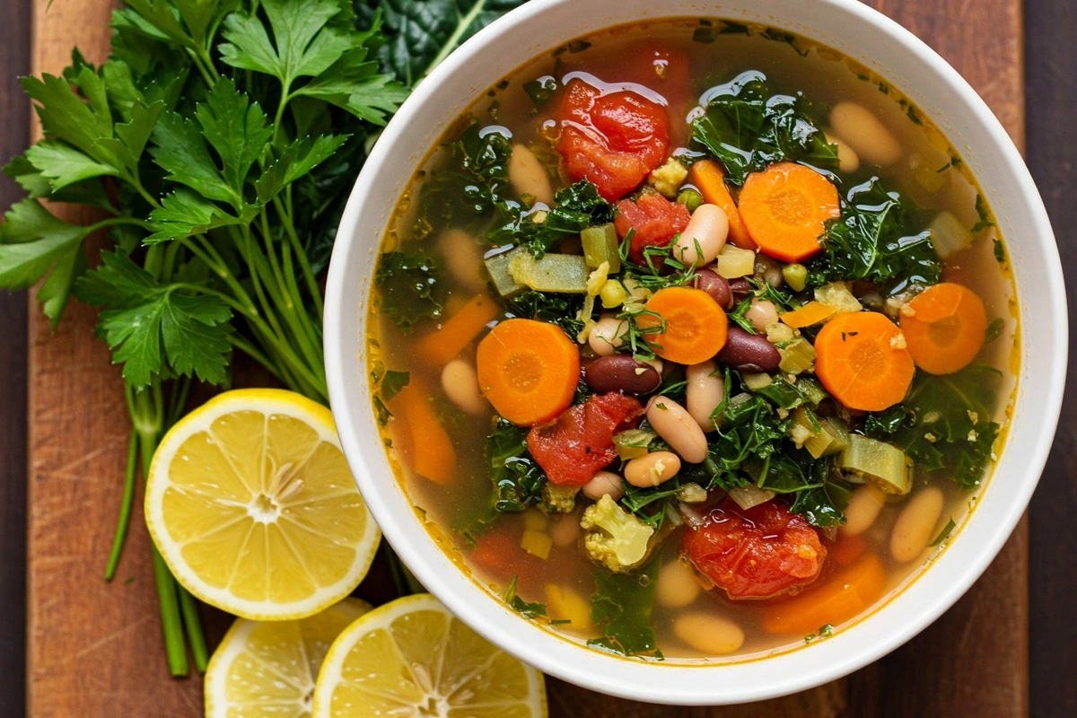 Vegan vegetable soup with kale, carrots, and beans