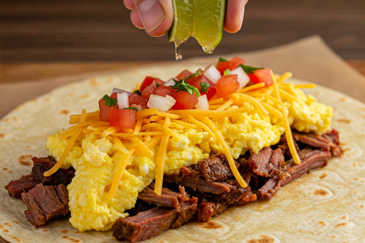 Hand assembling a Texas-Size Breakfast Taco with Smoked Brisket