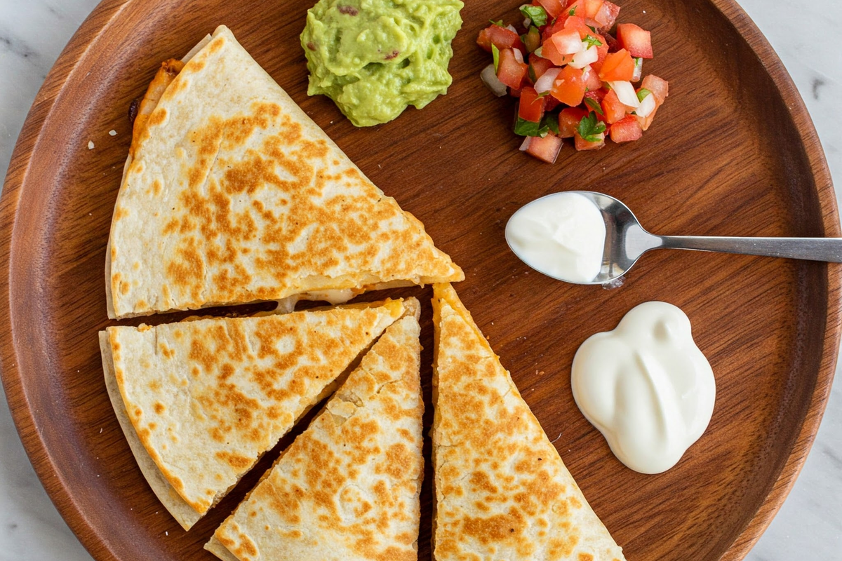 Perfectly folded and crispy quesadilla with melted cheese.