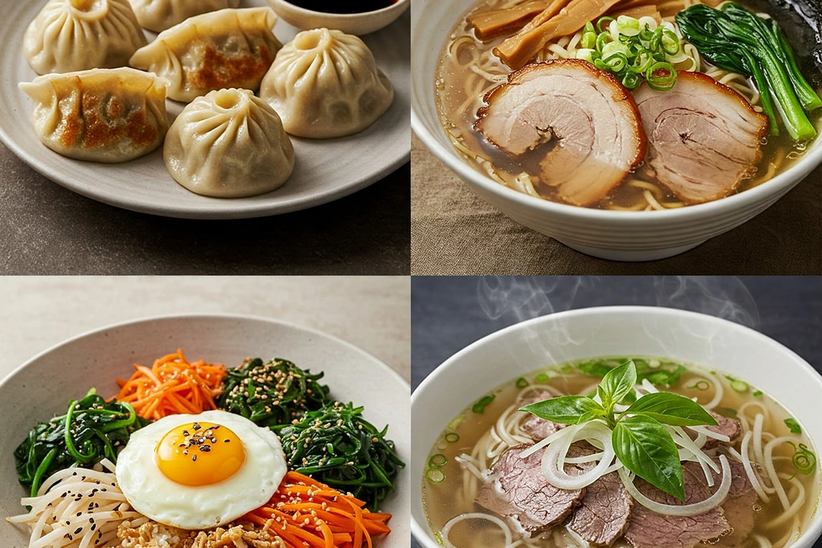 Iconic Asian dishes including dumplings, ramen, bibimbap, and pho.