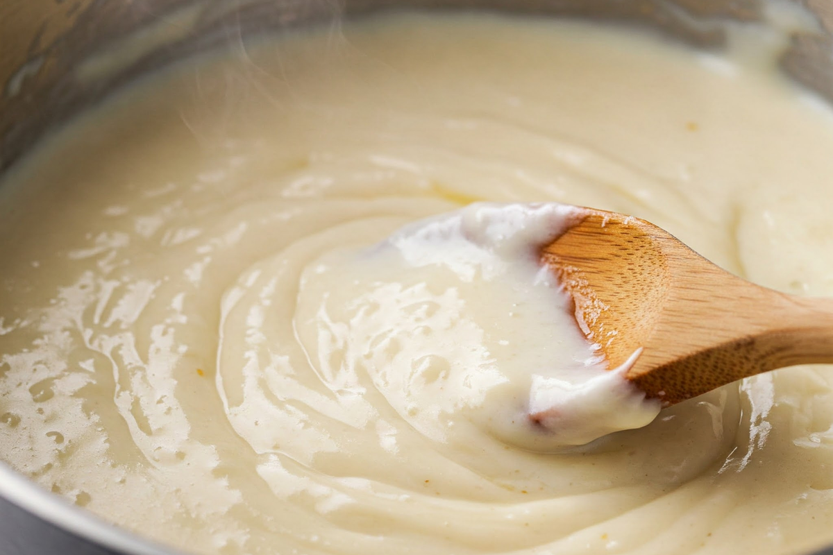 Alfredo sauce simmering in a saucepan to thicken.