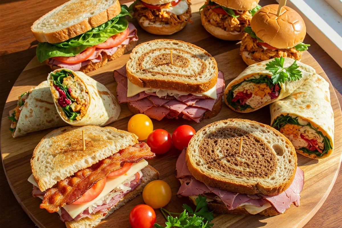 Variety of gourmet sandwiches on a rustic board