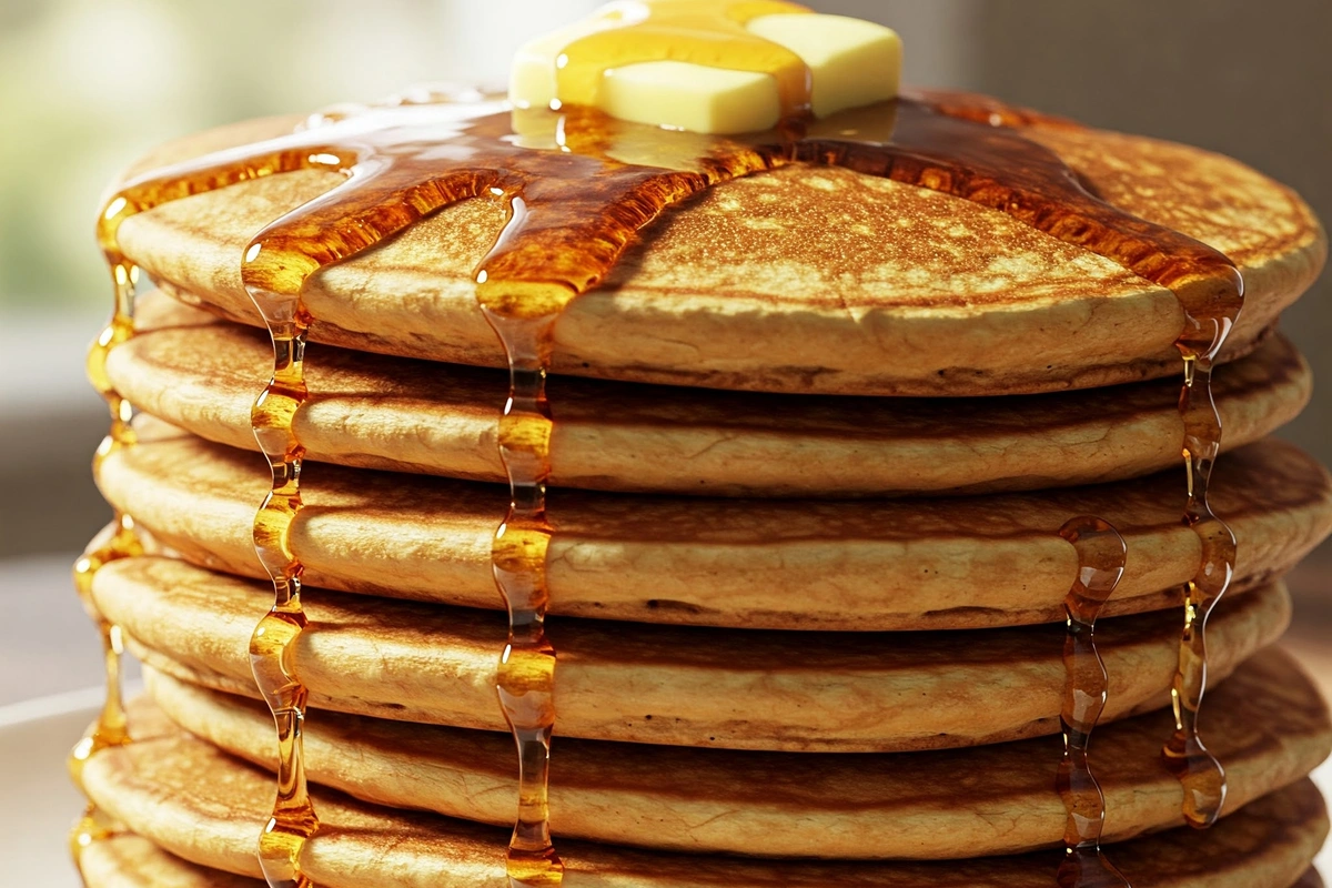 Stack of fluffy pancakes with butter and syrup