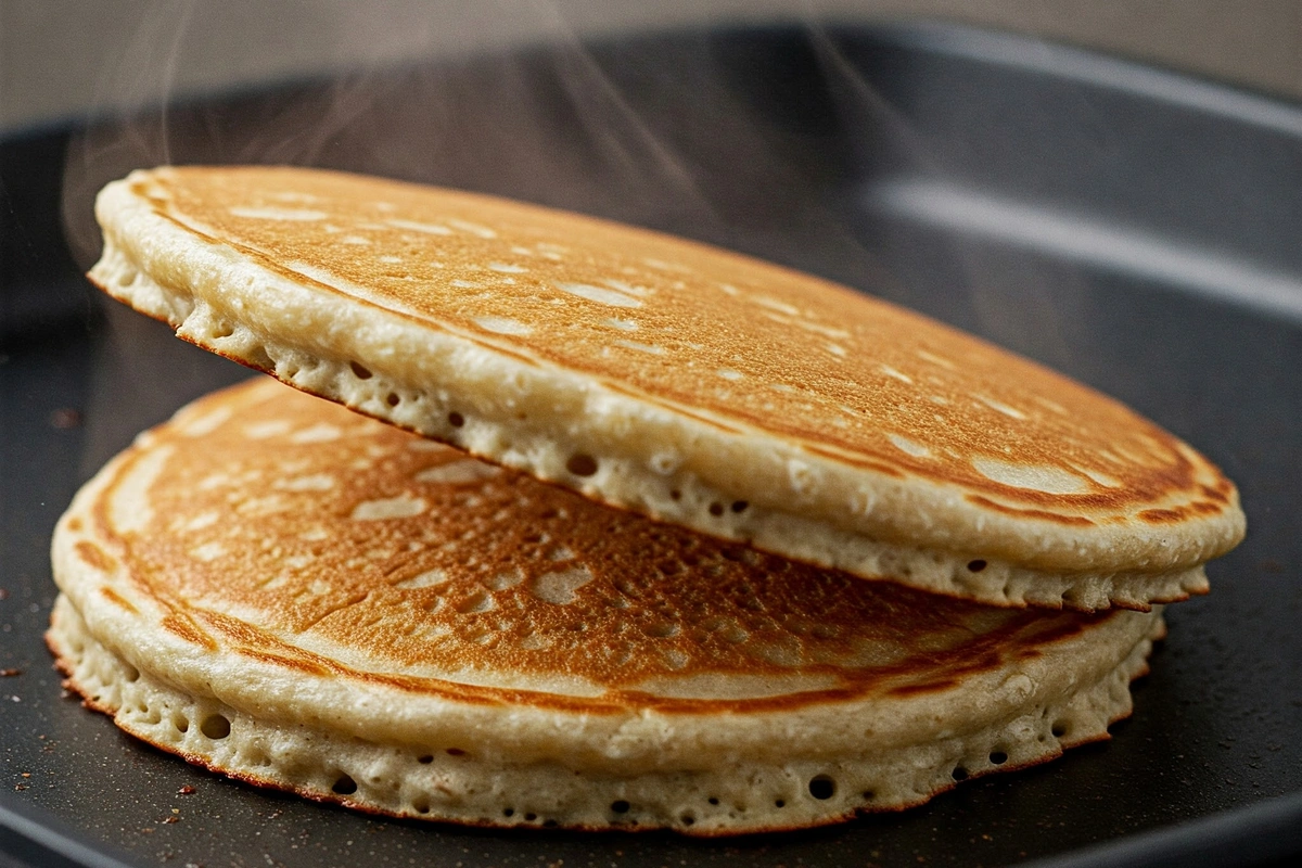 Flipping a golden oatmeal pancake on a hot griddle