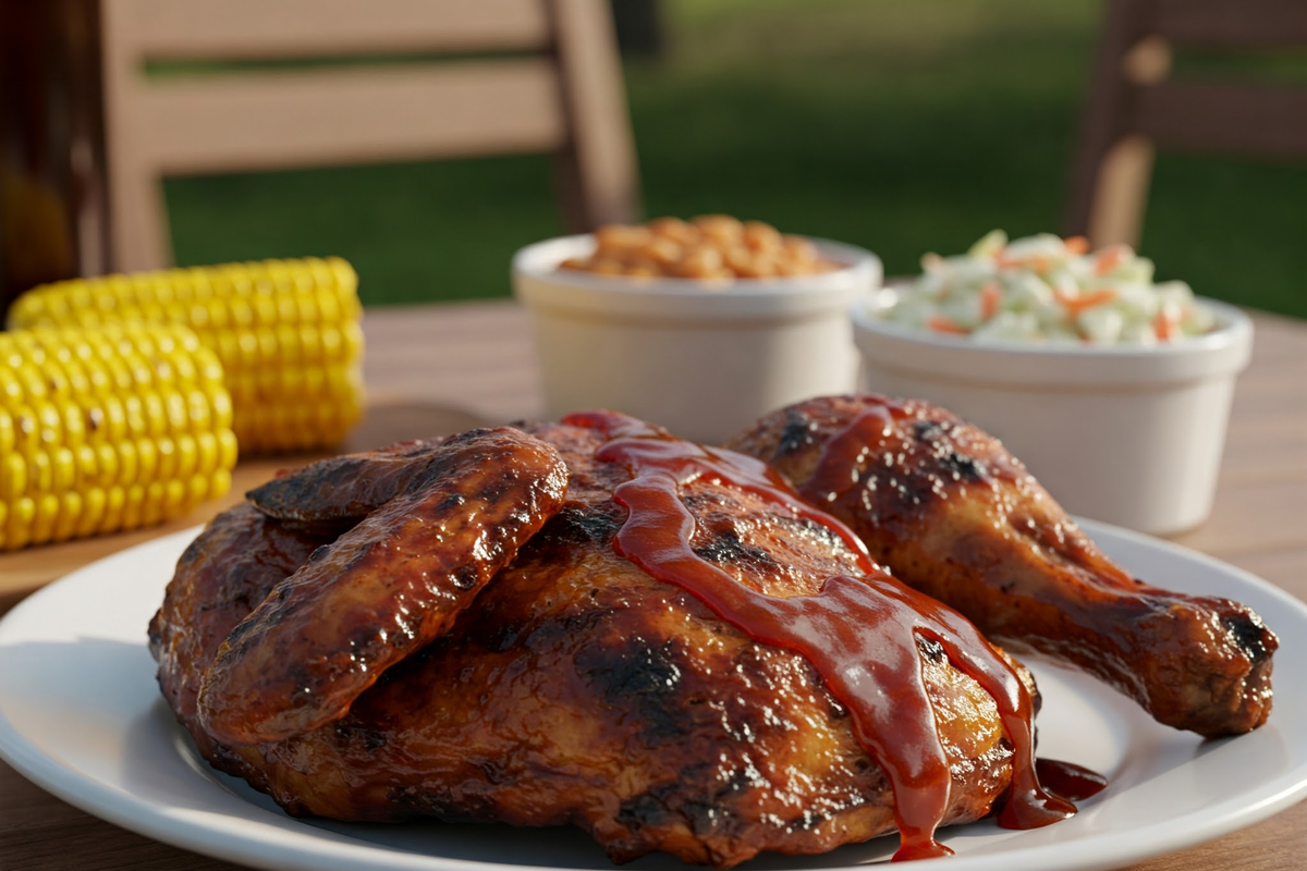 Smoky BBQ chicken with grilled sides on a rustic plate.