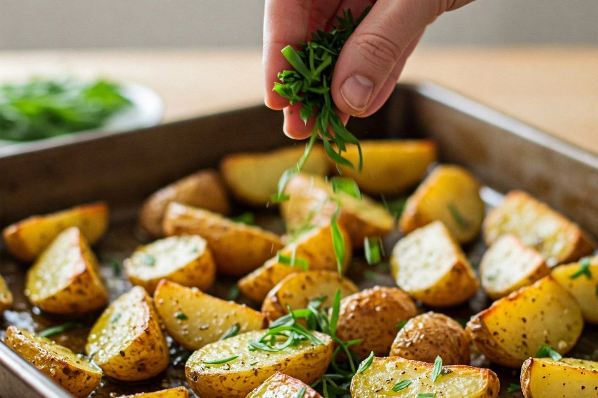 Roasted potatoes with fresh tarragon being sprinkled