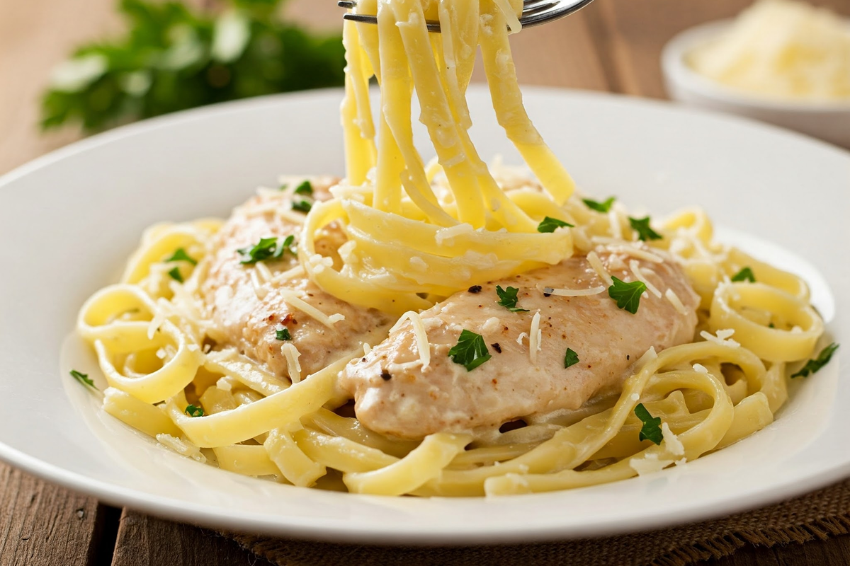 A thick and creamy Chicken Alfredo dish with fettuccine.