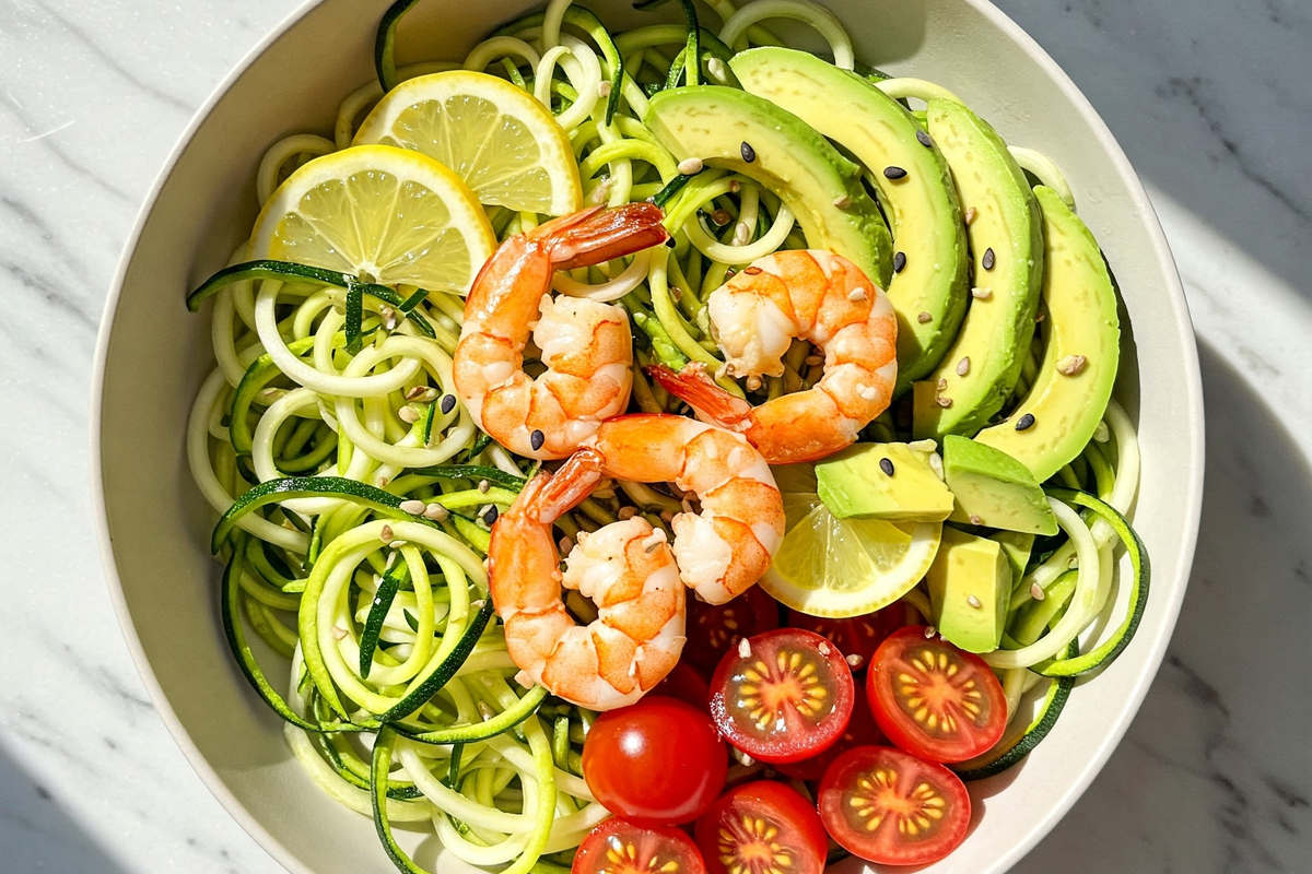 Zucchini noodles with shrimp, avocado, and cherry tomatoes.