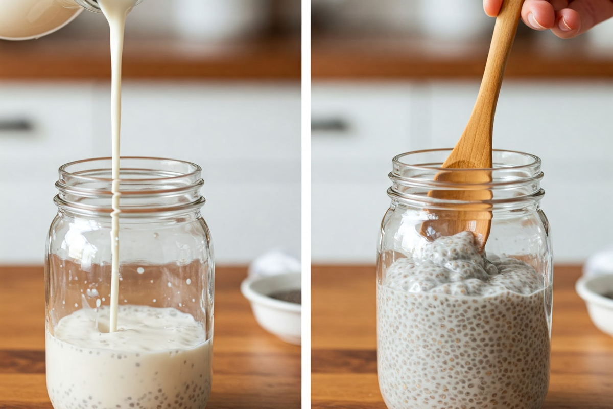 Step-by-step process of making chia pudding.