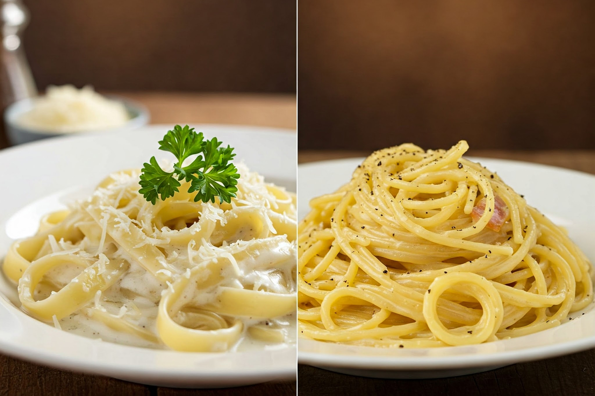 Side-by-side comparison of Alfredo and Carbonara pasta dishes.