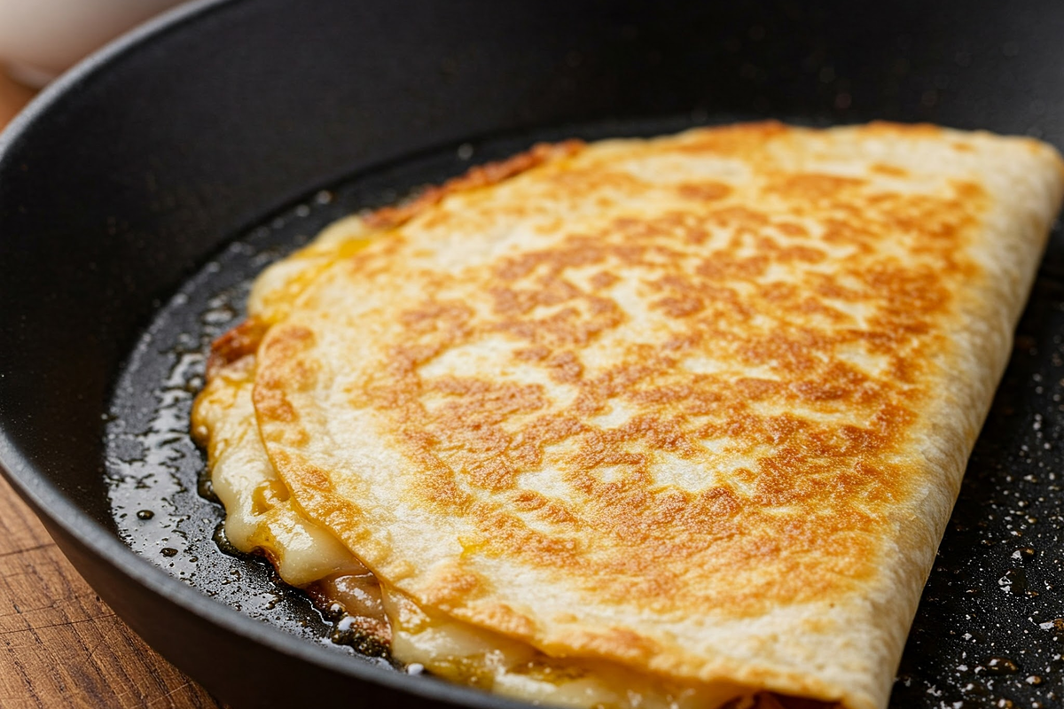 Crispy quesadilla cooking in oil and butter in a pan.