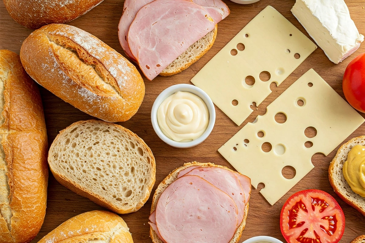 Fresh sandwich ingredients arranged on a wooden table