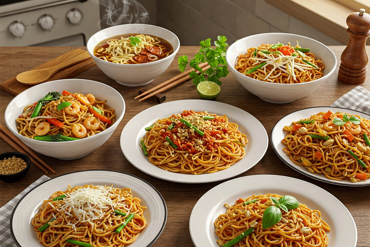 A variety of global noodle dishes, including ramen, Pad Thai, spaghetti, and lo mein.