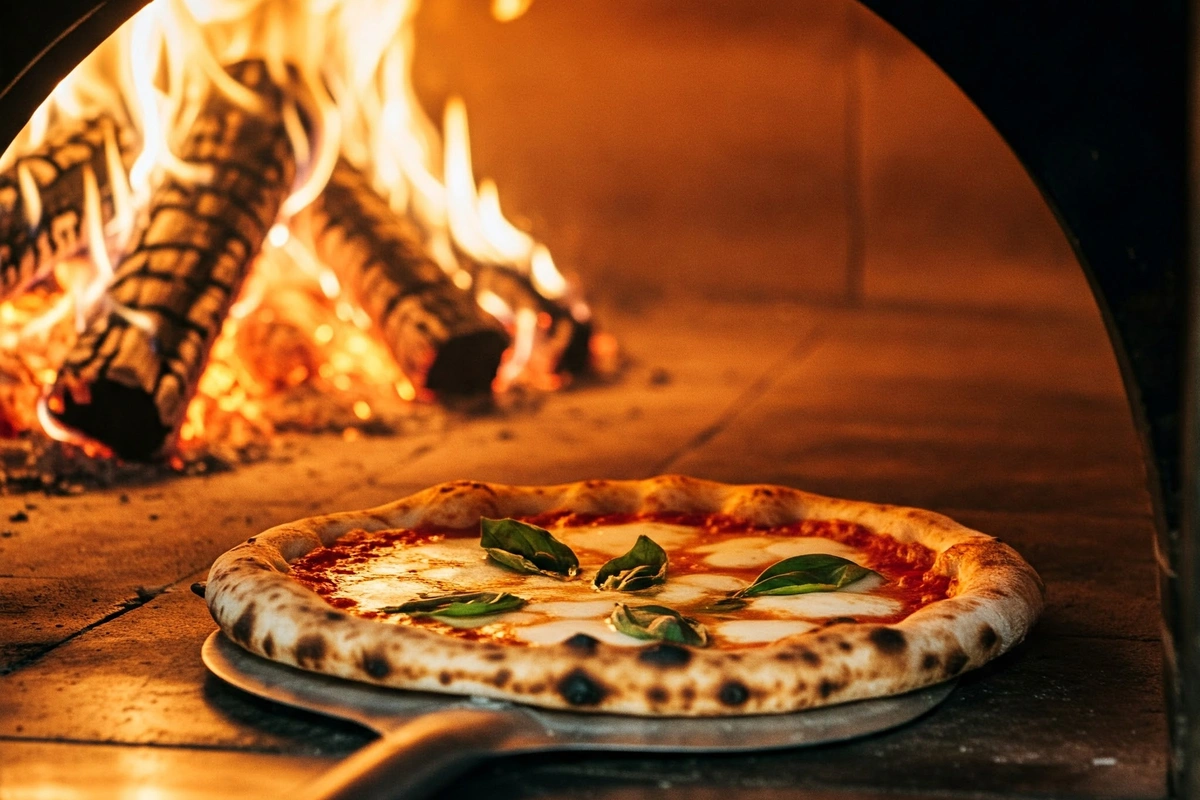 Neapolitan pizza browning in a traditional wood-fired oven