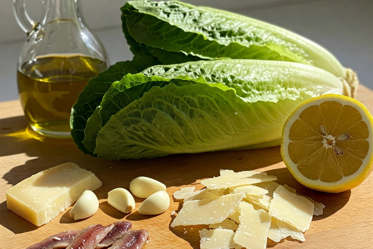 Caesar salad ingredients on a cutting board