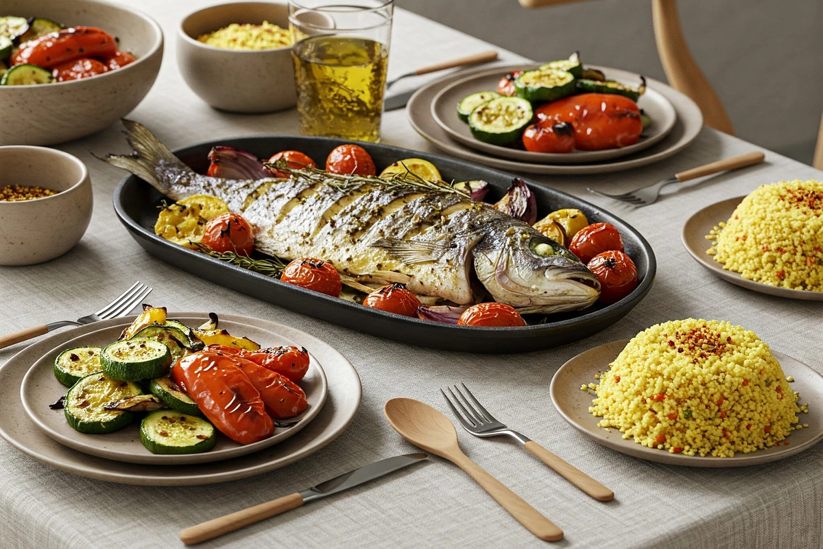  Roasted Branzino served with vegetables and couscous