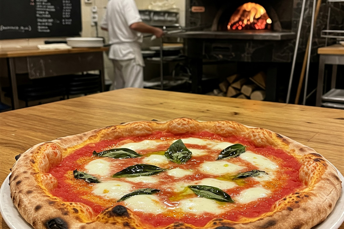 Authentic Neapolitan pizza with a charred crust and fresh ingredients.