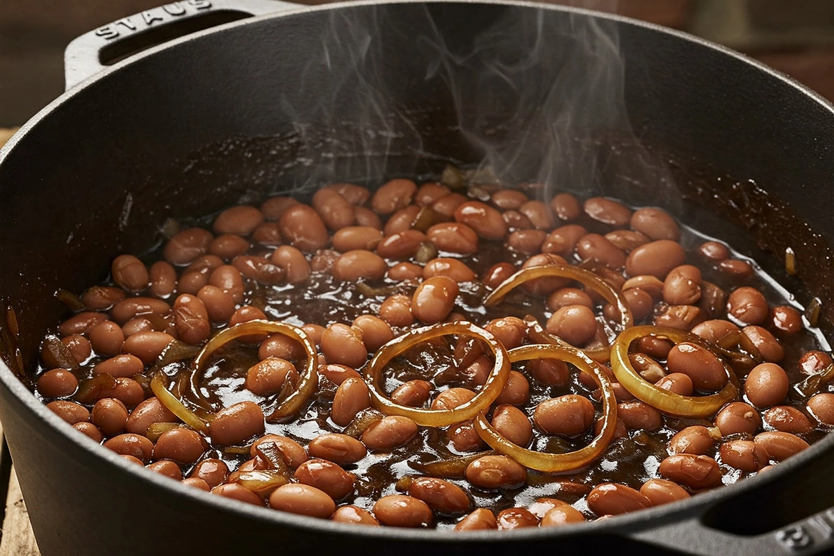 Close-up of Navy beans simmering with molasses 