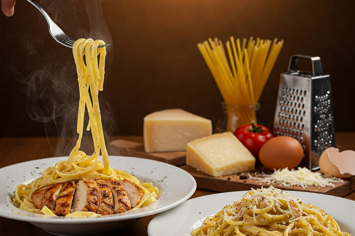 Traditional serving styles of Alfredo and Carbonara pasta.