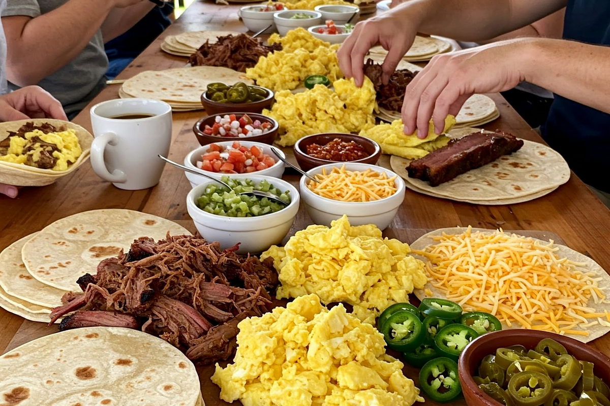  Texas-Size Breakfast Taco Bar with Smoked Brisket and Toppings