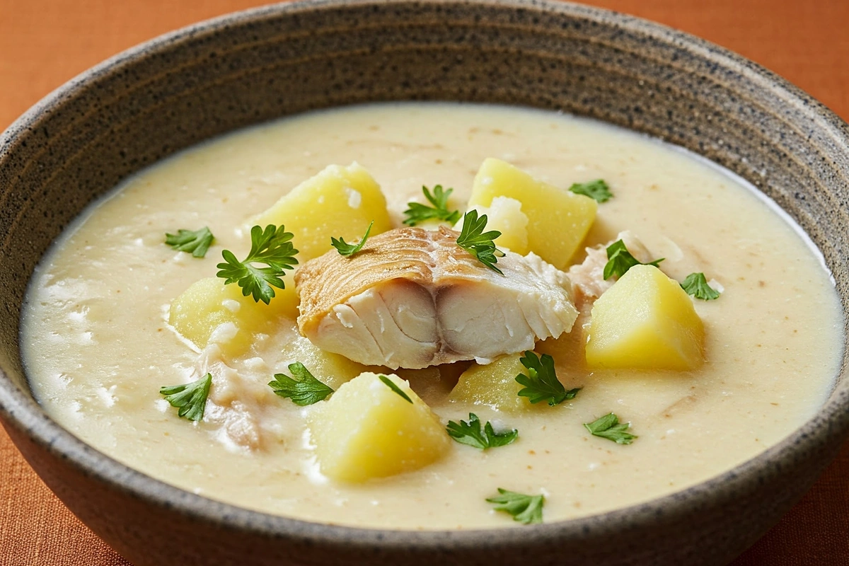 A bowl of Scottish Cullen Skink soup with smoked haddock and potatoes