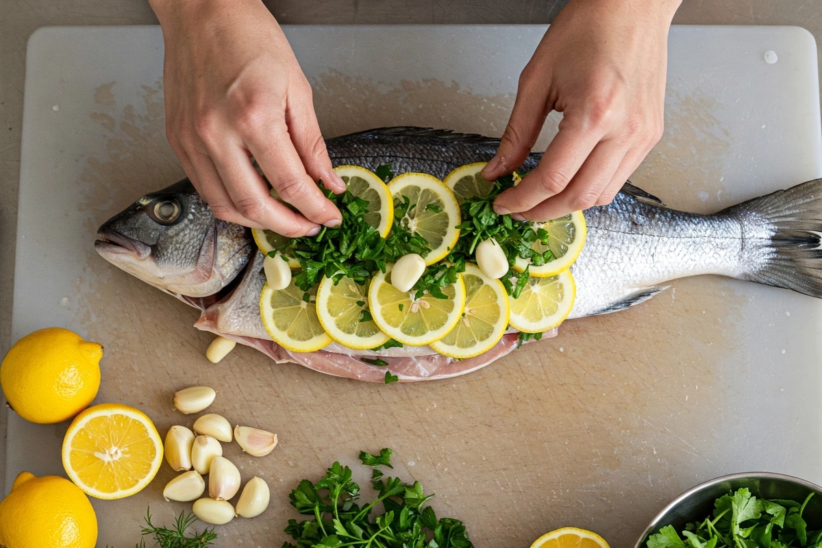 Preparing Branzino with lemon and herbs