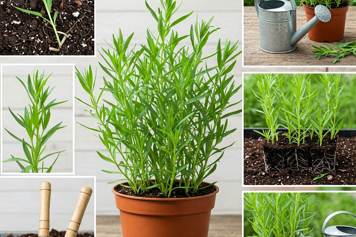 Guide to growing tarragon with a potted plant and gardening tools.

