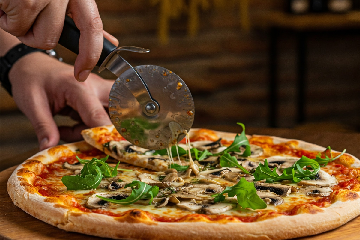 Slicing a crispy Roman pizza on a wooden board.