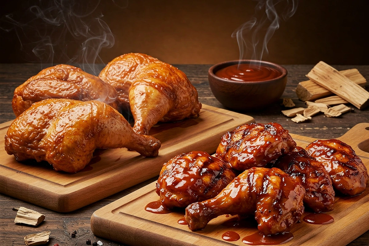 Smoked chicken vs. BBQ chicken side by side on wooden boards.