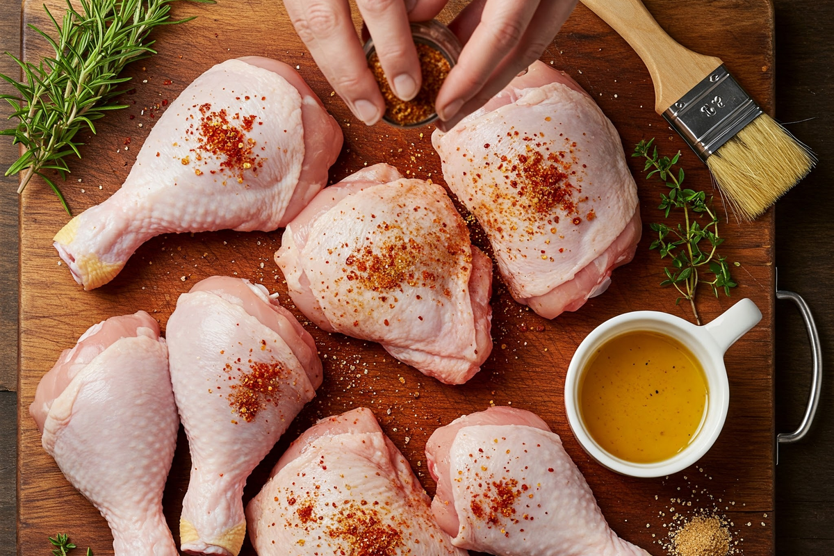  Raw chicken being seasoned with a smoky dry rub.