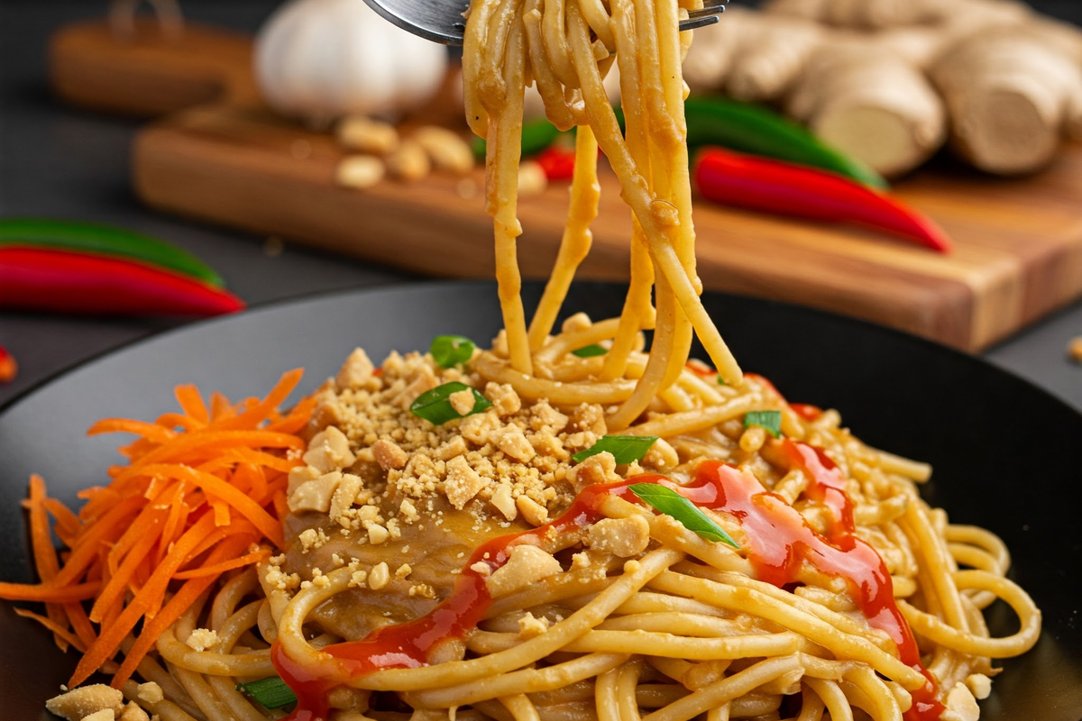 Noodles with peanut sauce, crushed peanuts, and sriracha.