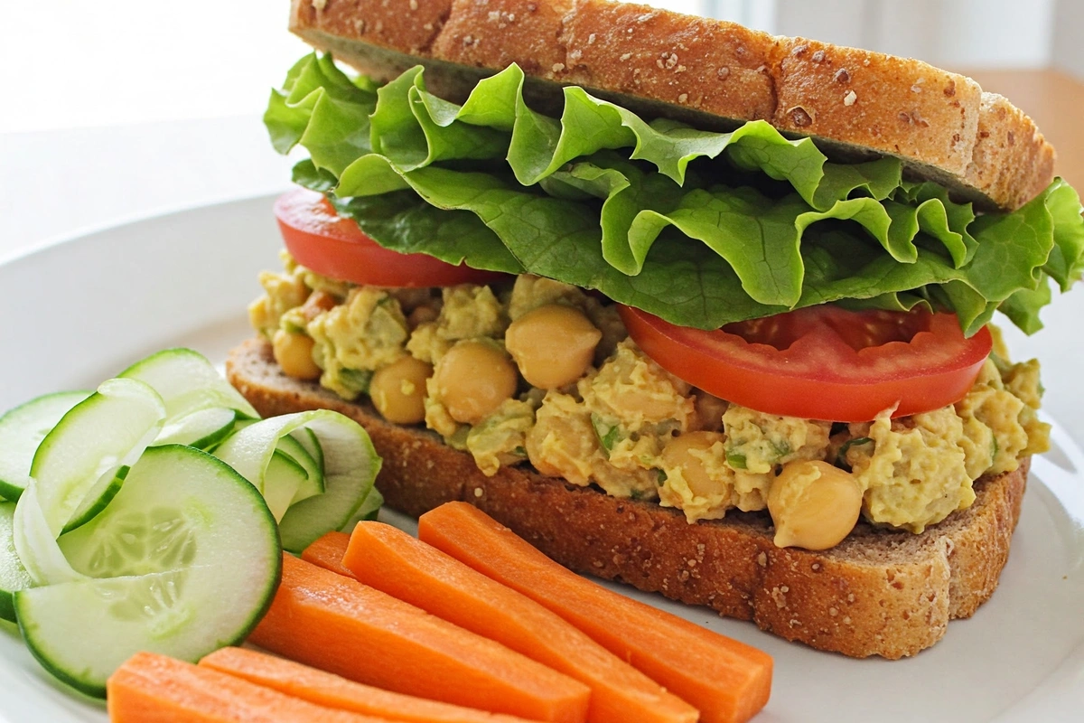 Vegan chickpea salad sandwich with fresh toppings