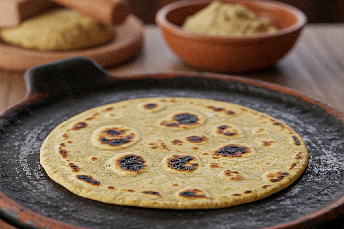  Freshly made corn tortilla cooking on a traditional comal.