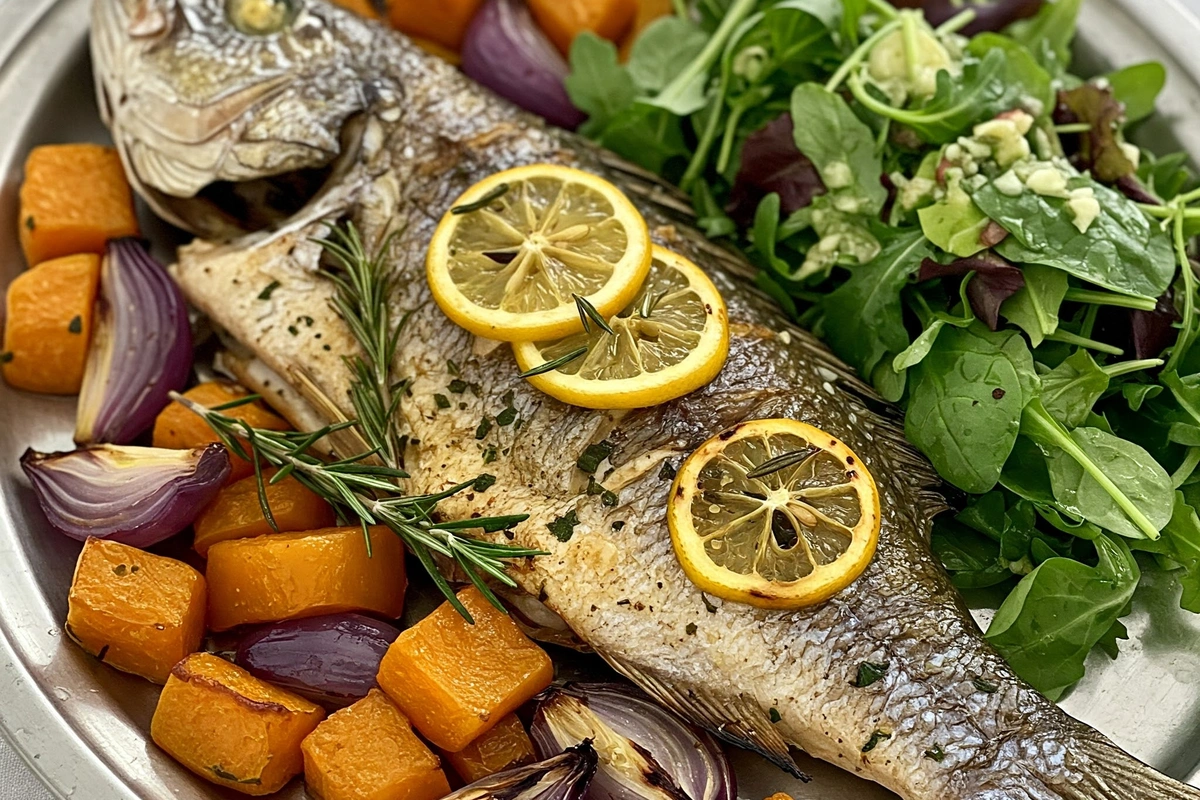 Roasted whole branzino with lemon and herbs on a platter